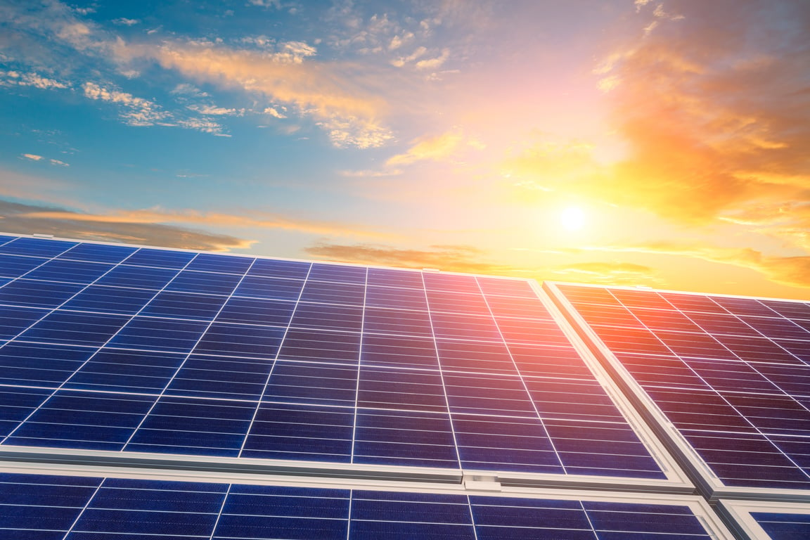 solar panels and sky landscape at sunset,green energy